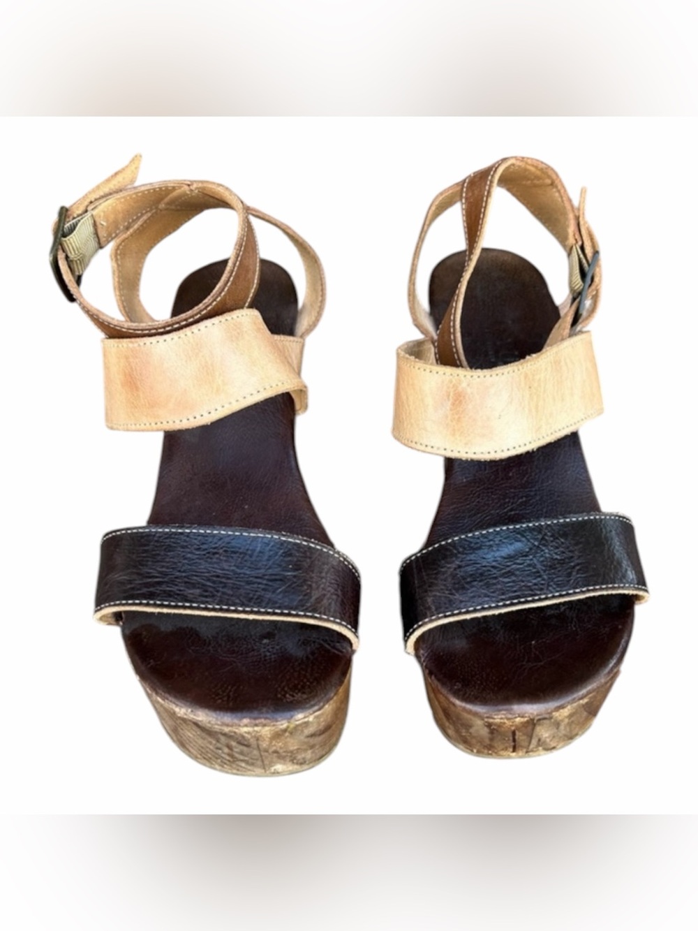 Bed Stu Two-Tone Tan and Dark Brown Wedge Sandals